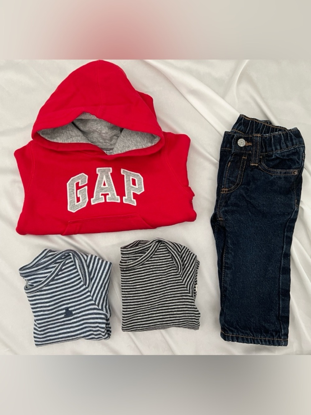 GAP Red Hoodie with Navy Jeans and Striped Tops Toddler Bundle Set